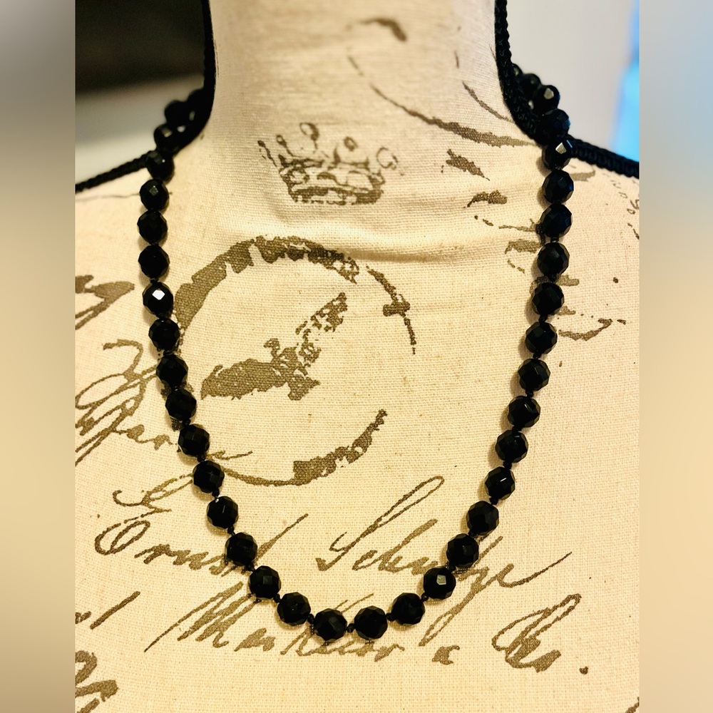 Vintage 24” Black Faceted Glass Necklace Ornate Gold Box Clasp